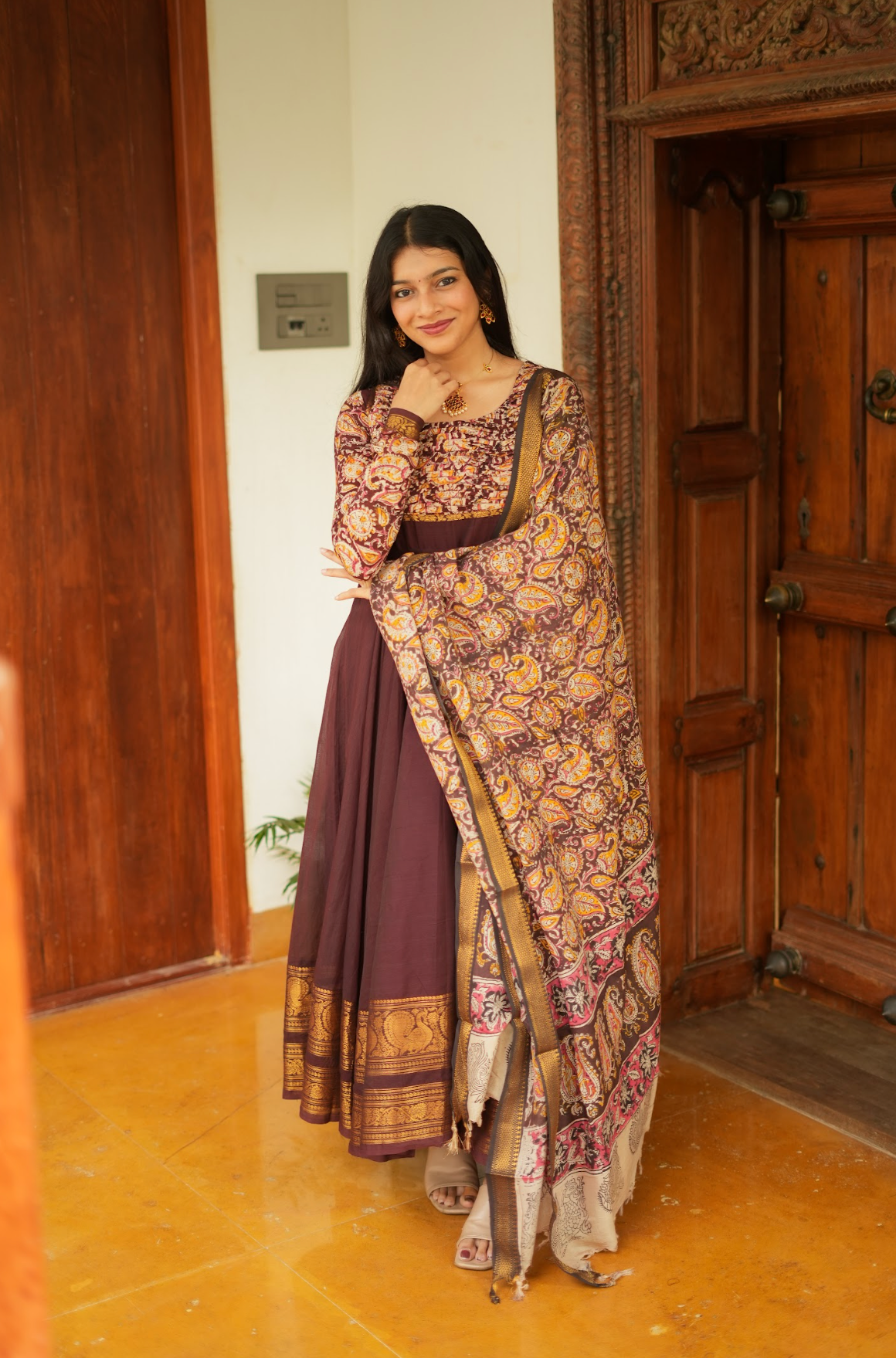 Tharika – Coffee Brown Chettinad Kalamkari Anarkali Suit