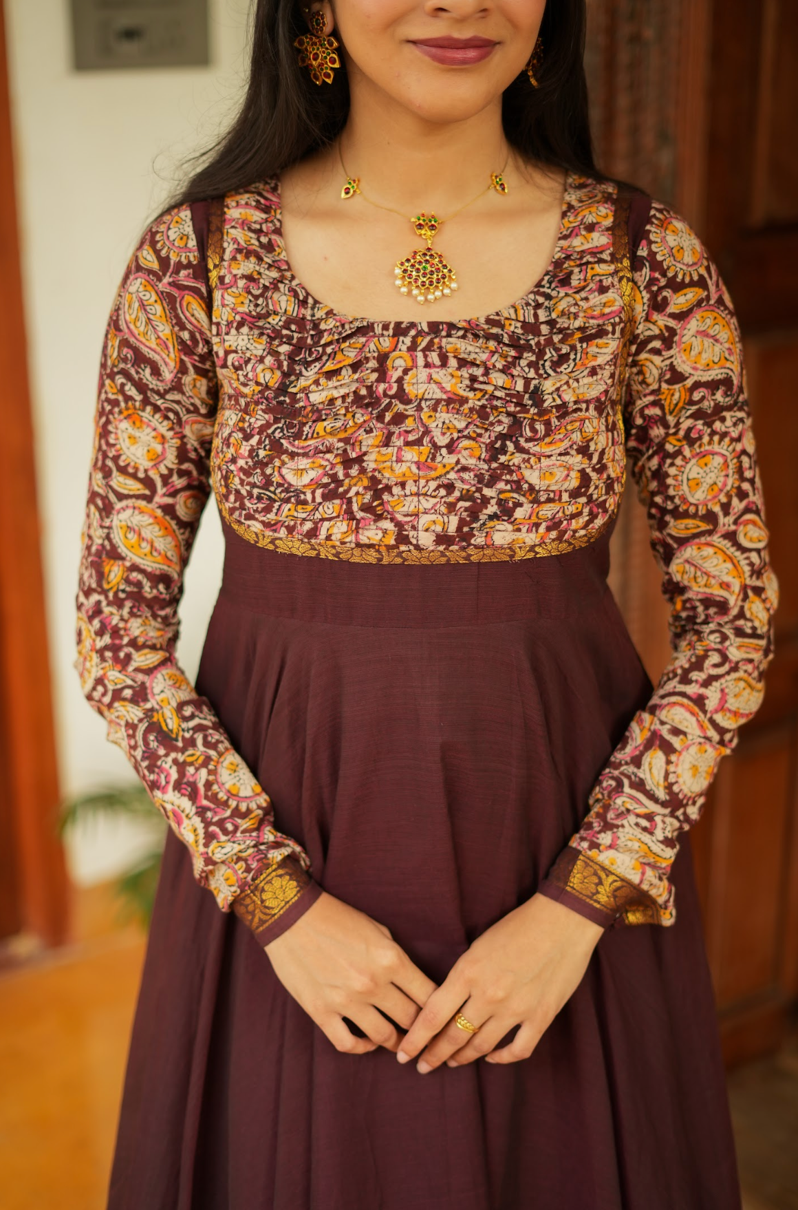 Tharika – Coffee Brown Chettinad Kalamkari Anarkali Suit