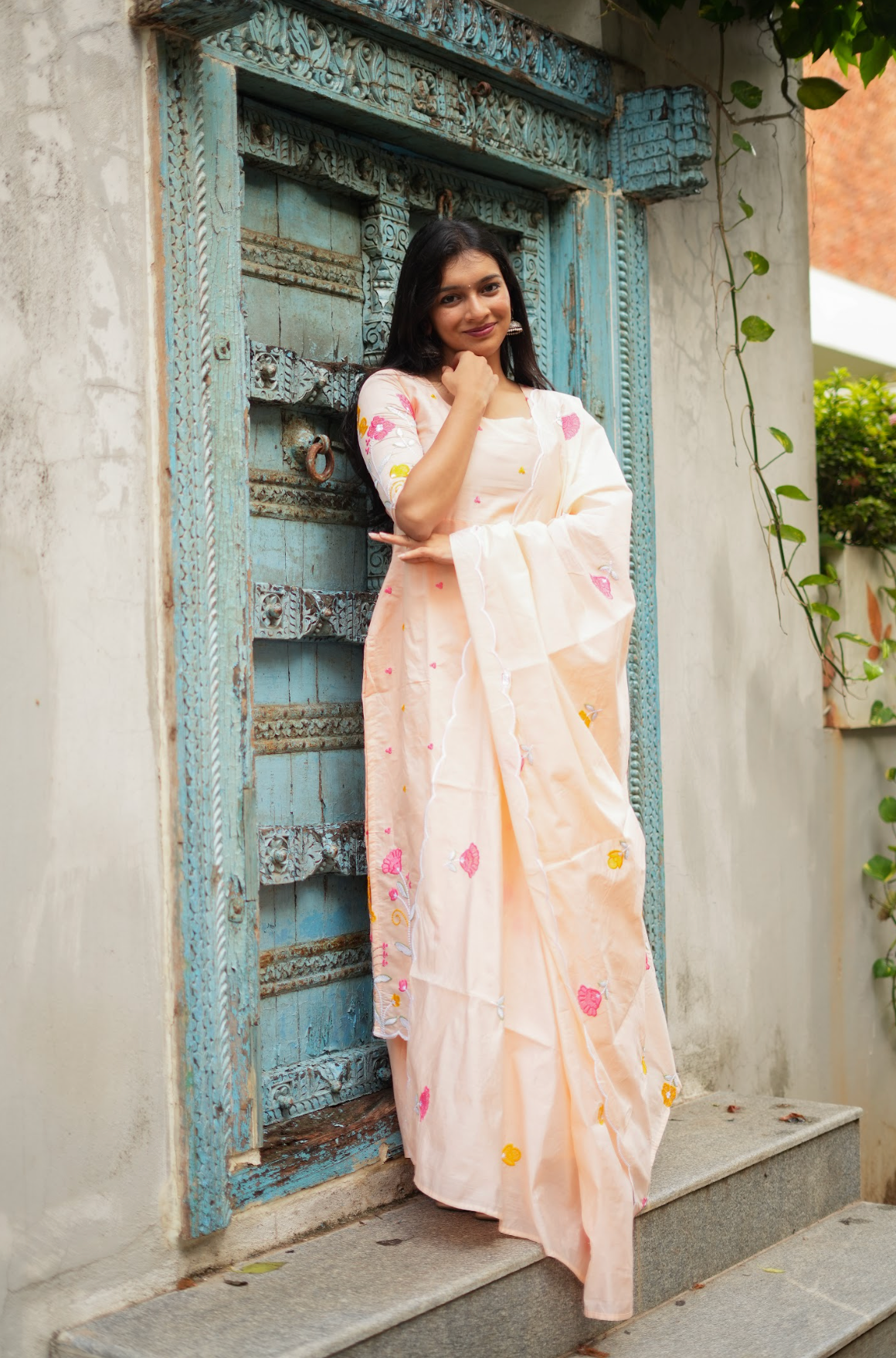 ANVI -  Floral embroidered salwar -(peach)
