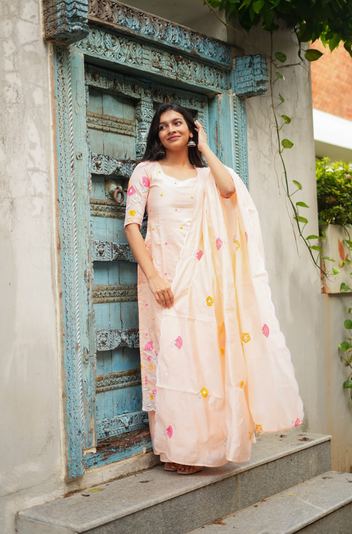 ANVI -  Floral embroidered salwar -(peach)