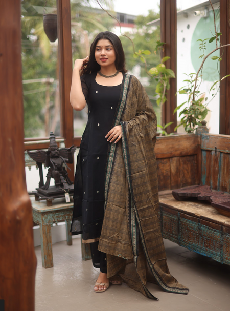Vedha – Black Narayanpet Straight Suit with Checked Dupatta
