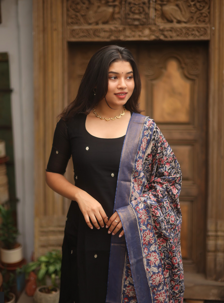 Vedha – Black Narayanpet Straight Suit with Kalamkari Dupatta