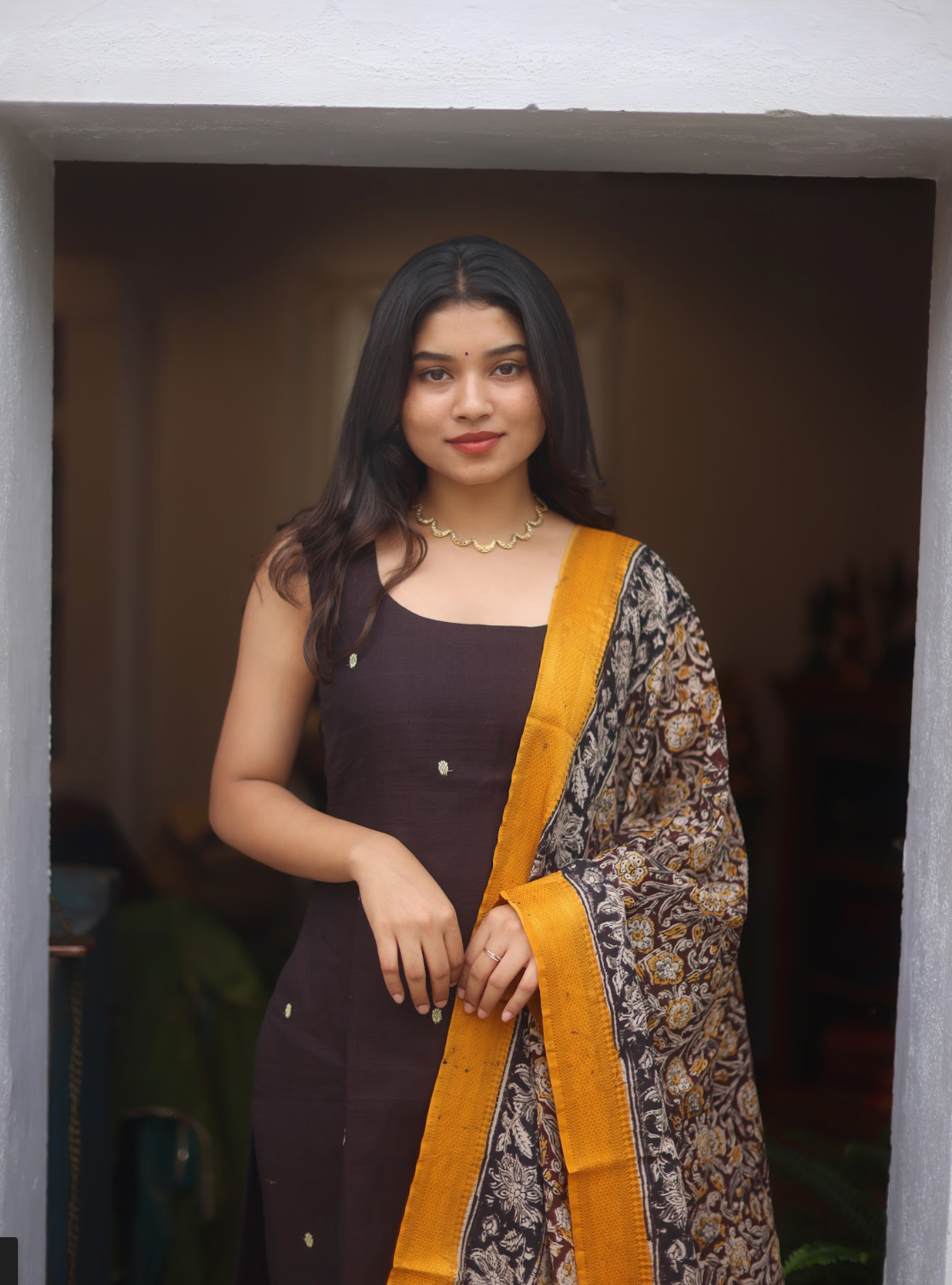 Vedha- Narayanpet handloom straight suit Set (Brown kalamkari )