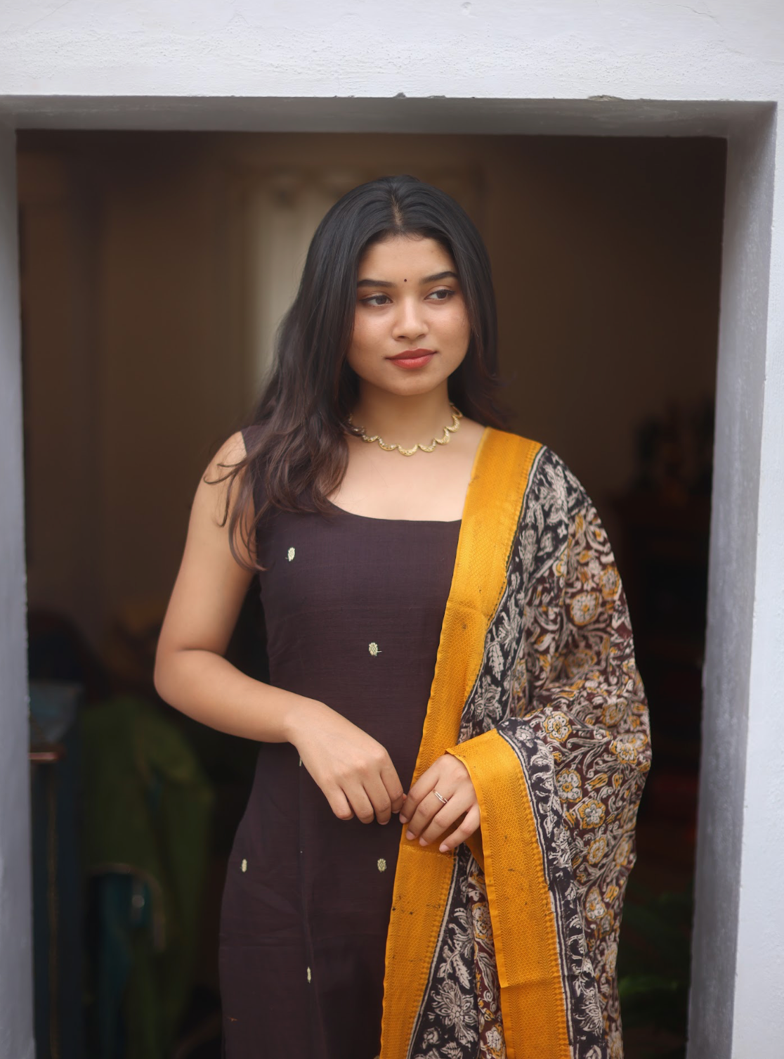 Vedha- Narayanpet handloom straight suit Set (Brown kalamkari )