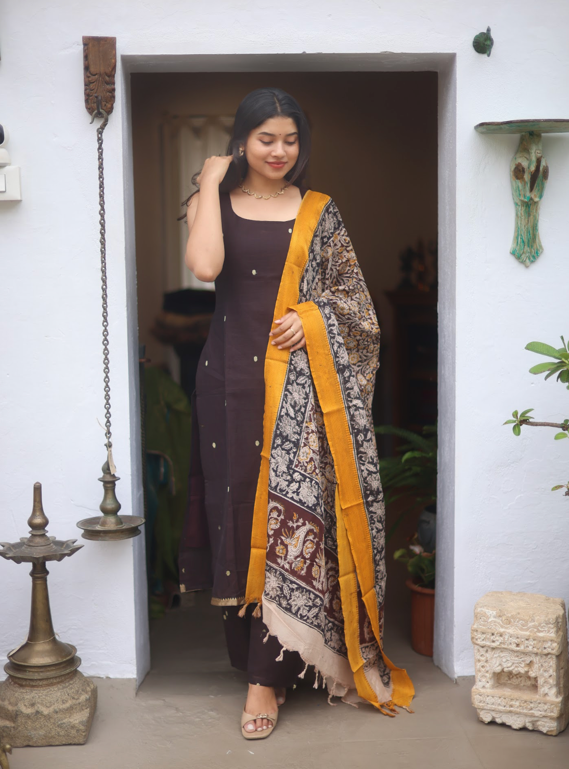 Vedha- Narayanpet handloom straight suit Set (Brown kalamkari )