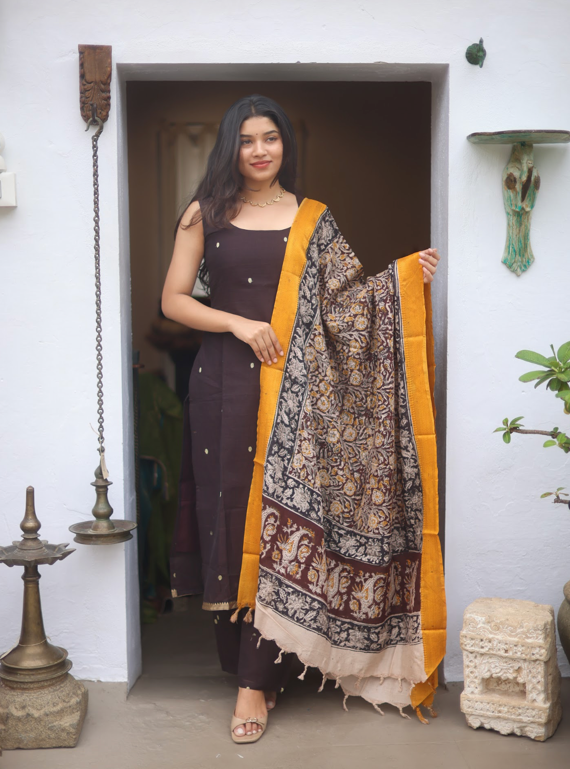 Vedha- Narayanpet handloom straight suit Set (Brown kalamkari )