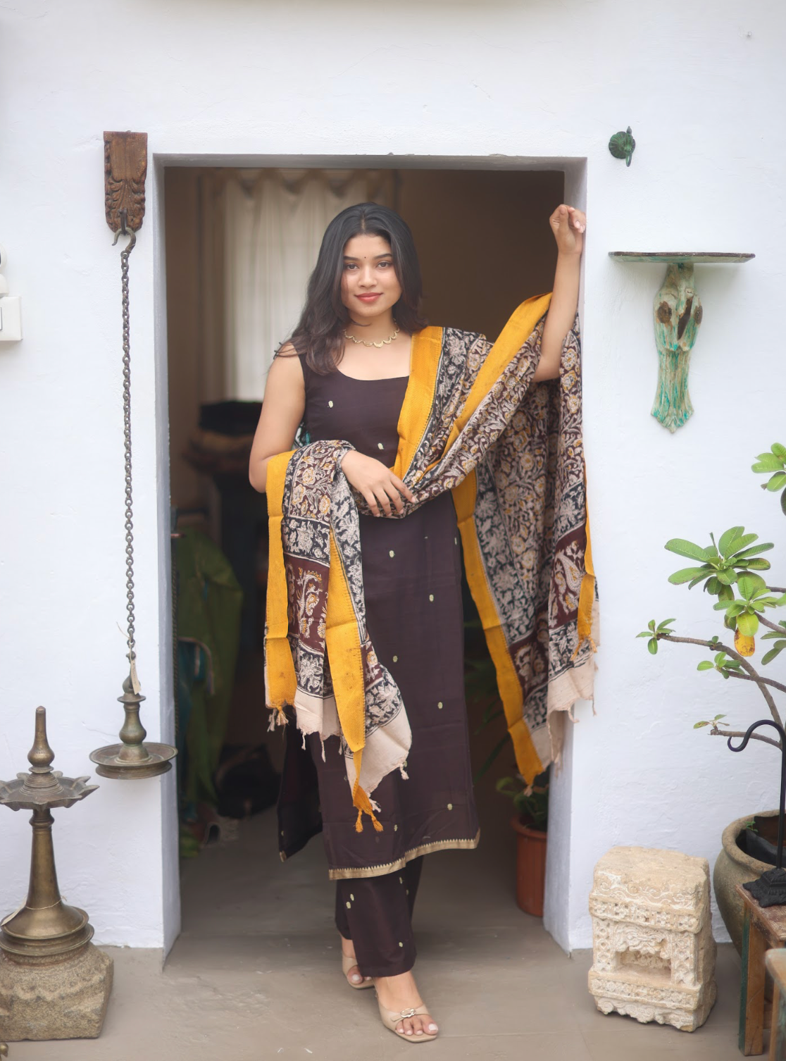 Vedha- Narayanpet handloom straight suit Set (Brown kalamkari )