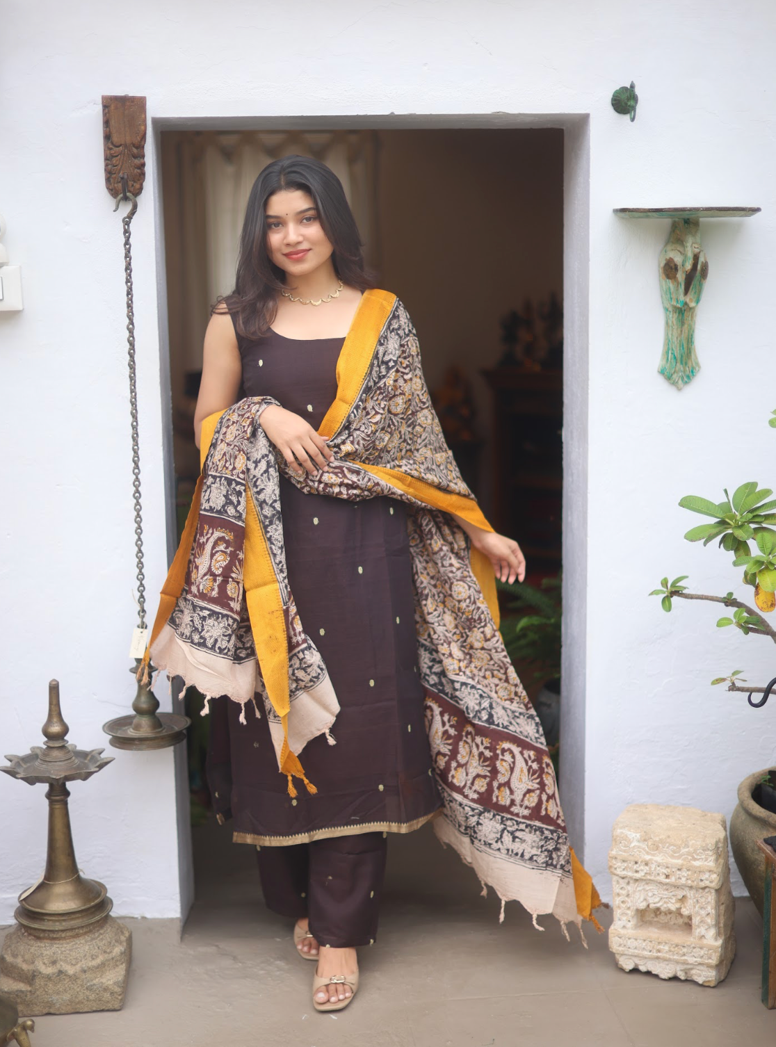 Vedha- Narayanpet handloom straight suit Set (Brown kalamkari )