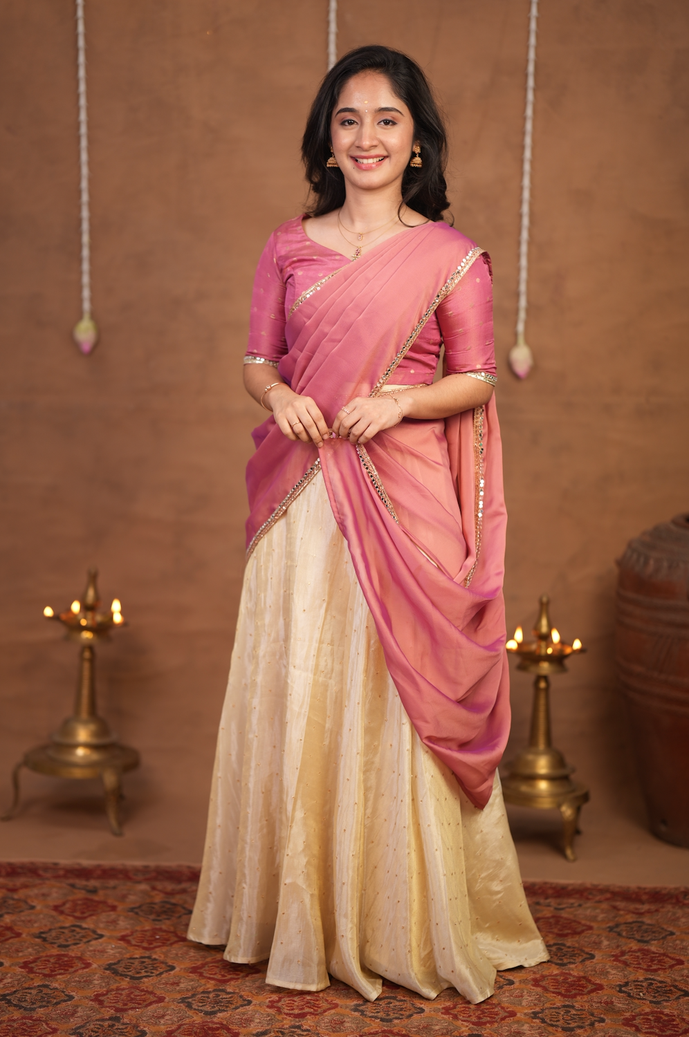 Athulya – Onion Pink & Ivory Dhavani Half Saree Set
