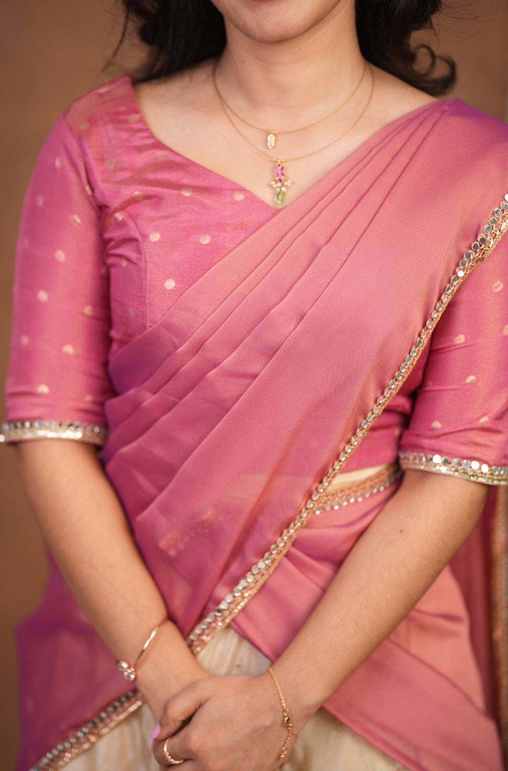 Athulya – Onion Pink & Ivory Dhavani Half Saree Set