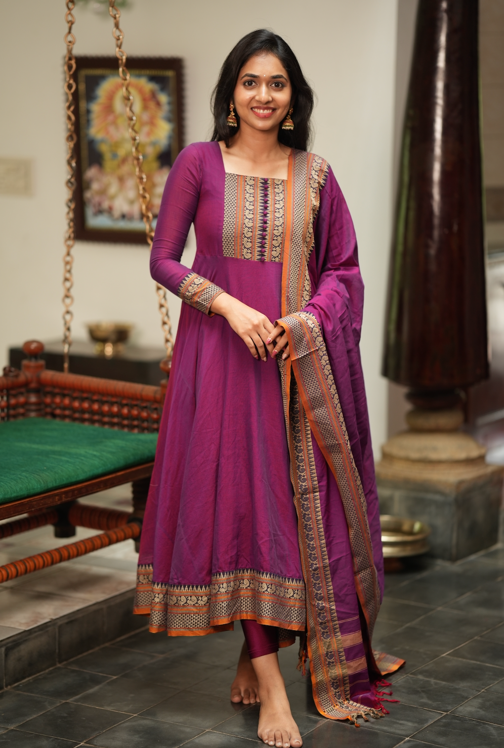 Radha – Wine Narayanpet Handloom Anarkali Suit