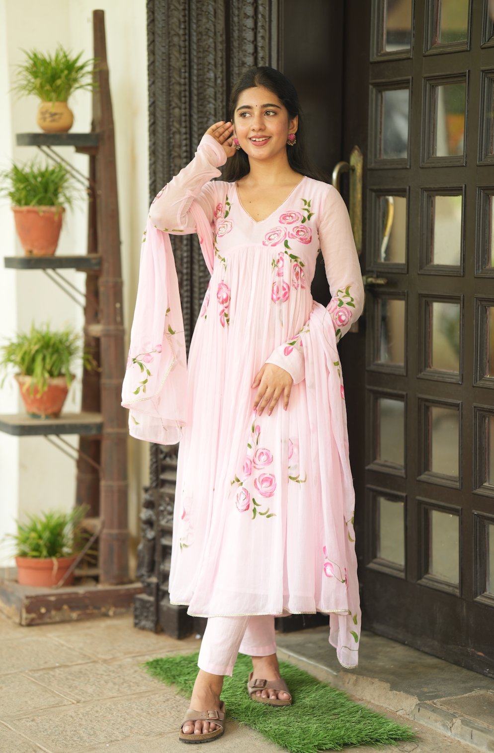 Tamara – Pink Hand-Painted Chiffon Alia-Cut Suit