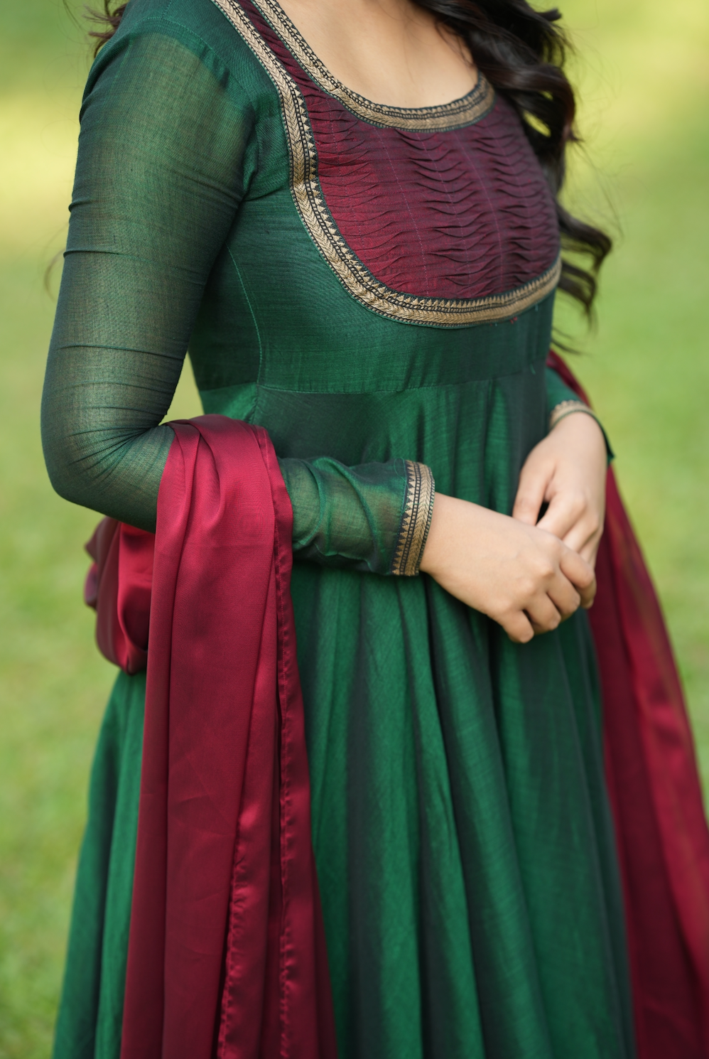 Bhama – Green Narayanpet Anarkali with Maroon Dupatta