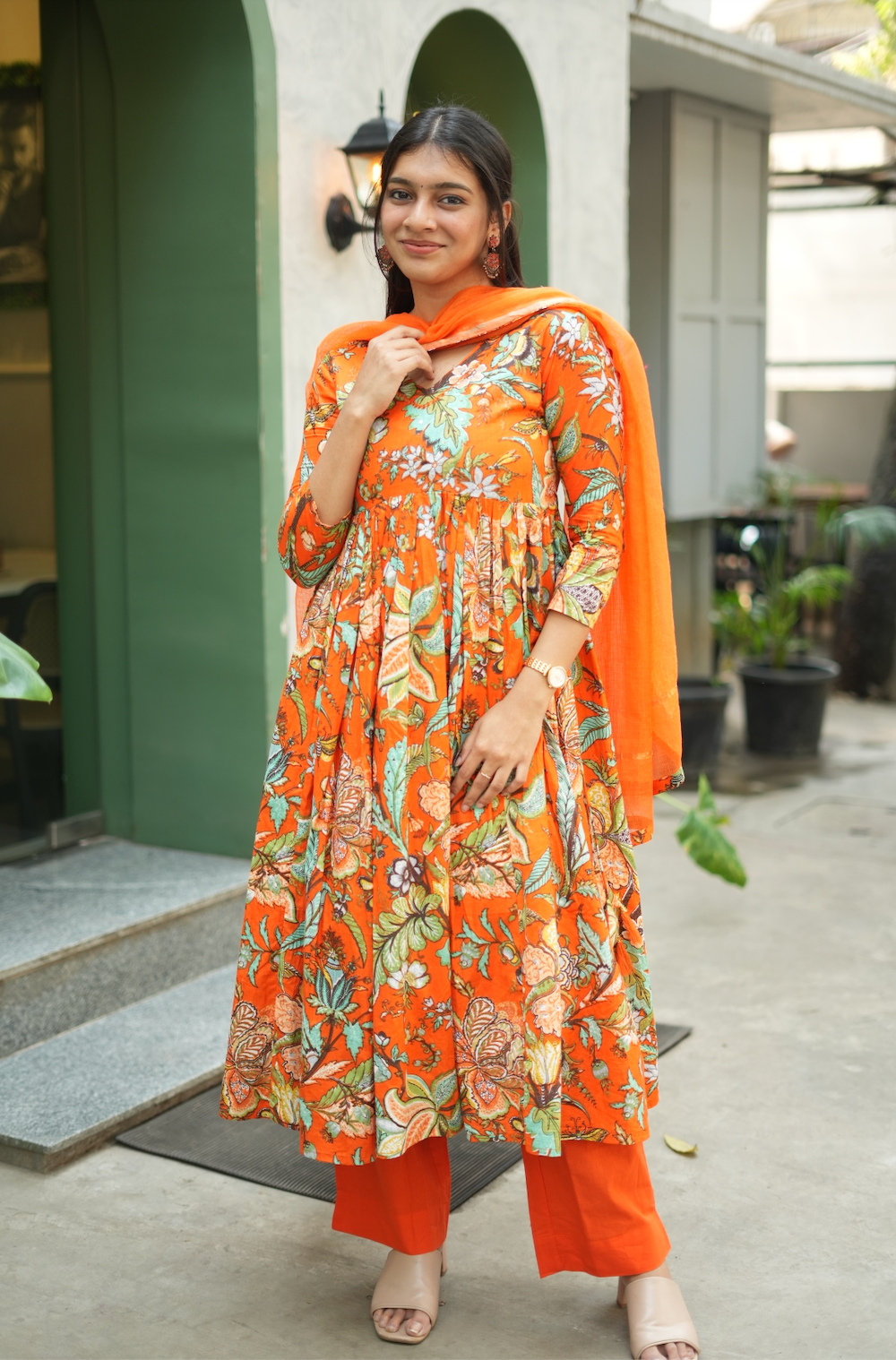 Aishu – Orange Floral Block Print Alia-Cut Anarkali Set
