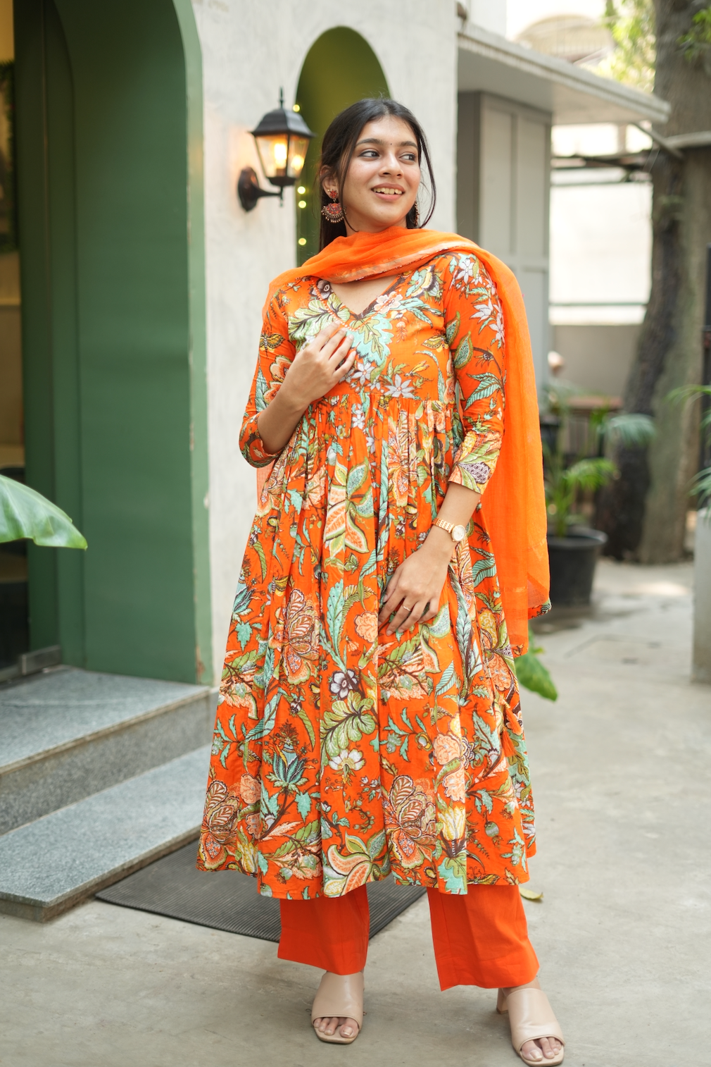 Aishu – Orange Floral Block Print Alia-Cut Anarkali Set