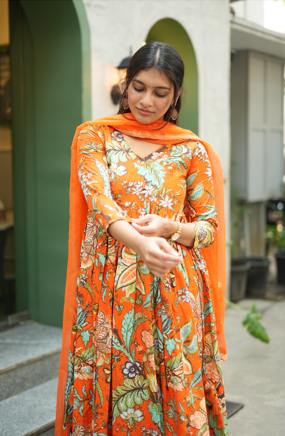 Aishu – Orange Floral Block Print Alia-Cut Anarkali Set