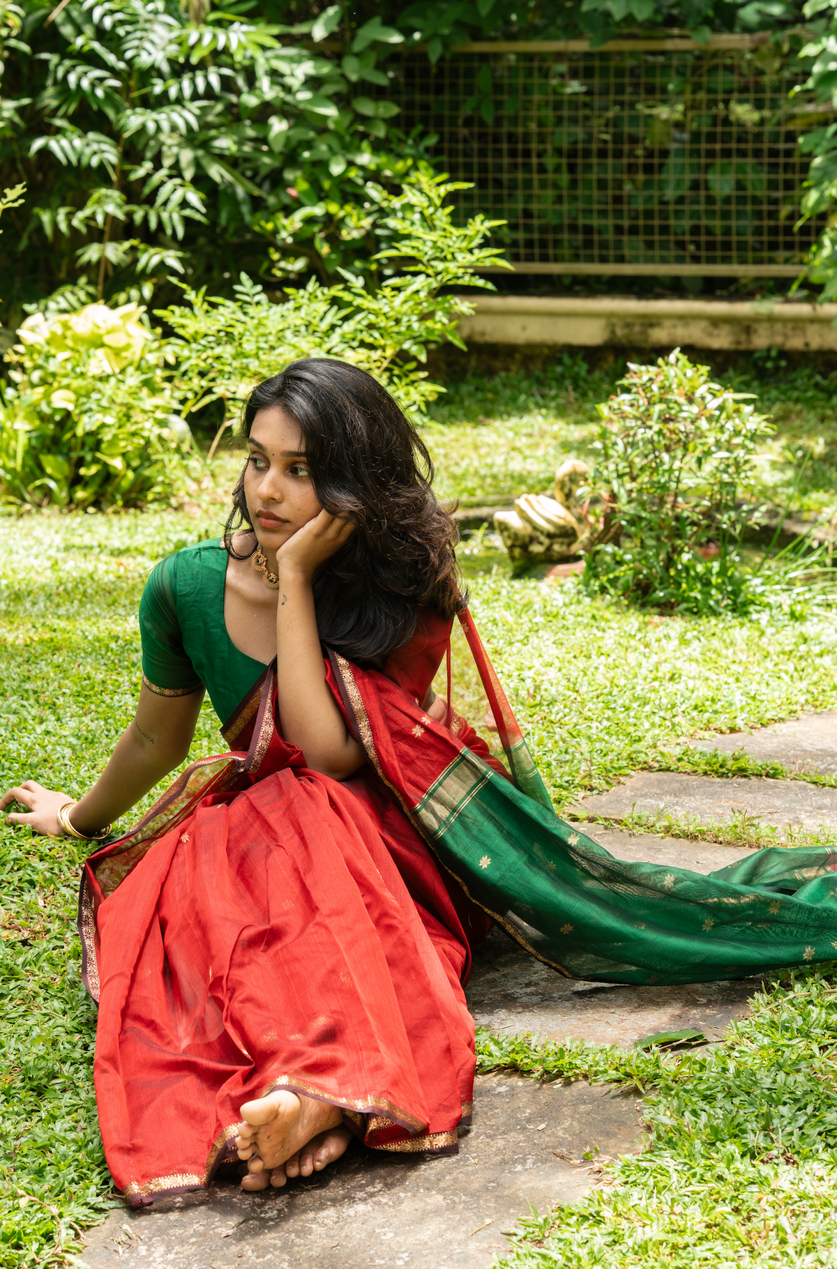 Sundari – Green & Maroon Maheshwari Silk Saree