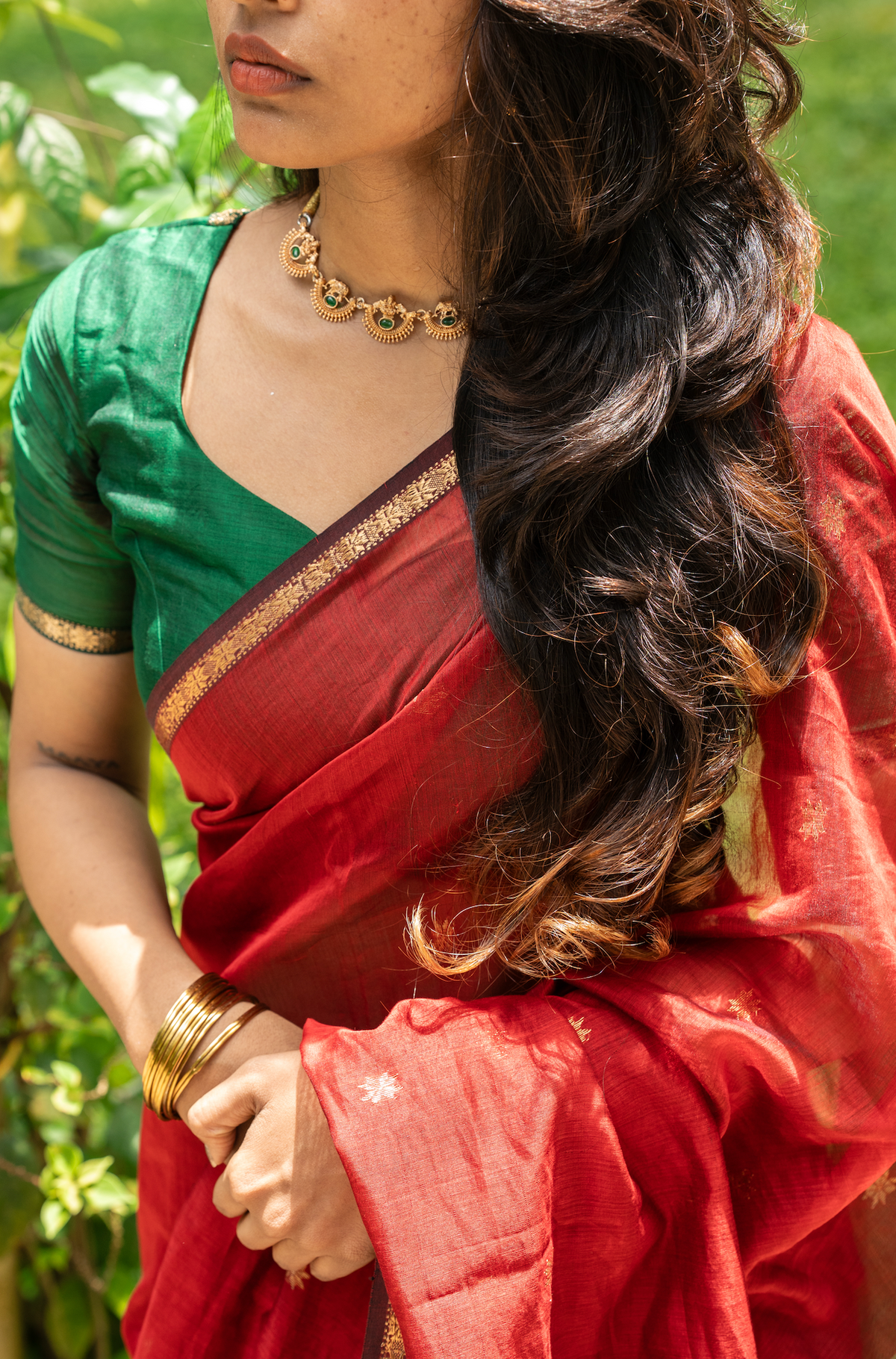 Sundari – Green & Maroon Maheshwari Silk Saree