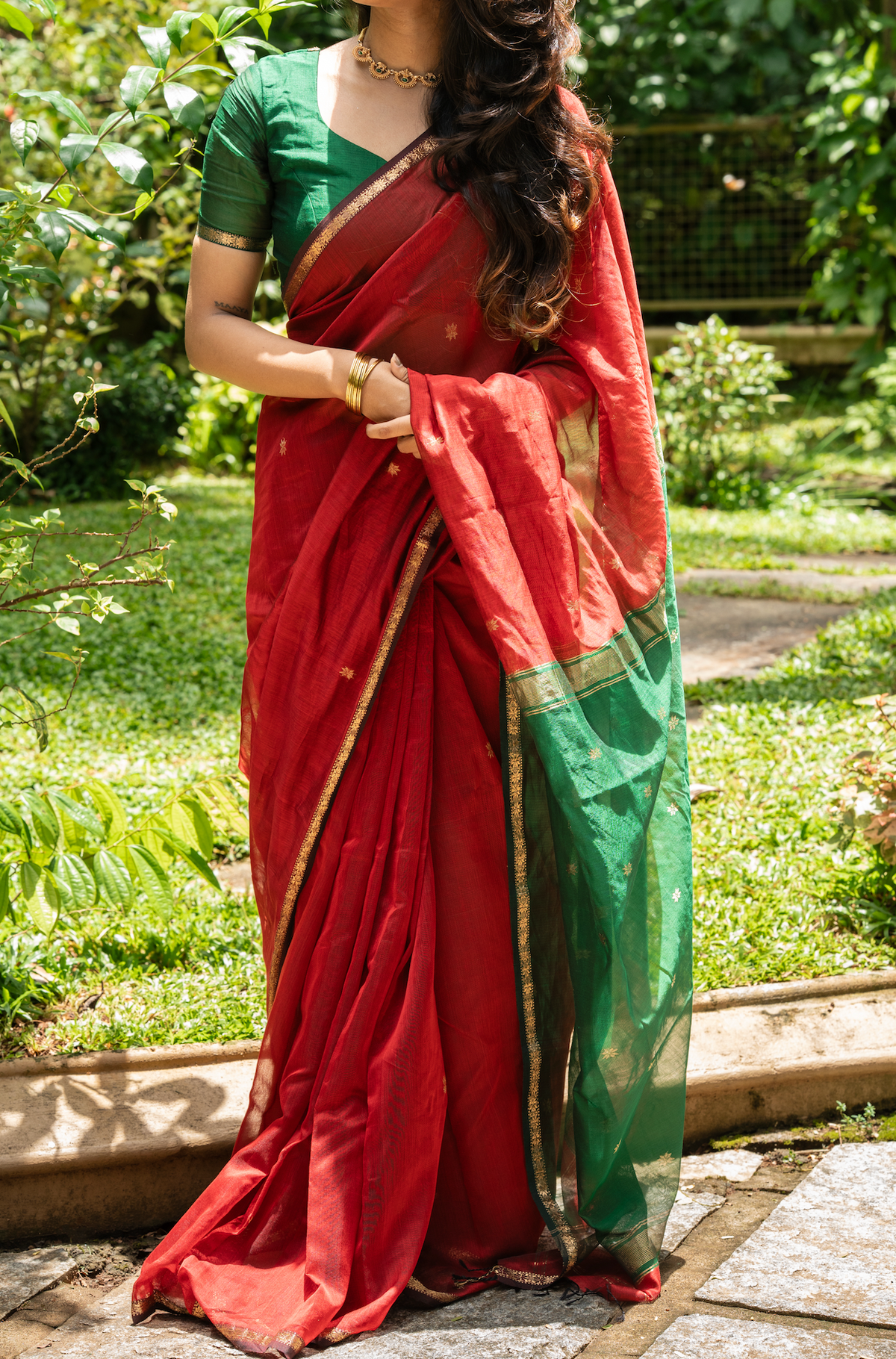Sundari – Green & Maroon Maheshwari Silk Saree