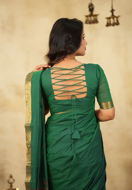 Back open Mangalagiri cotton blouse design for silk sarees and traditional handloom saree styling