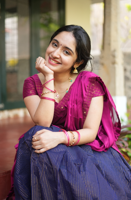 Plum and navy Chettinad handloom dhavani set for festive South Indian ethnic wear