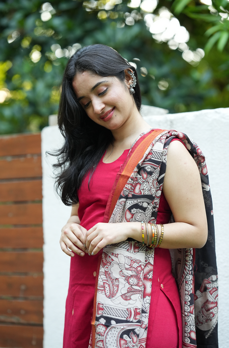 Crimson red Narayanpet handloom suit set with pen Kalamkari dupatta and elegant festive ethnic styling