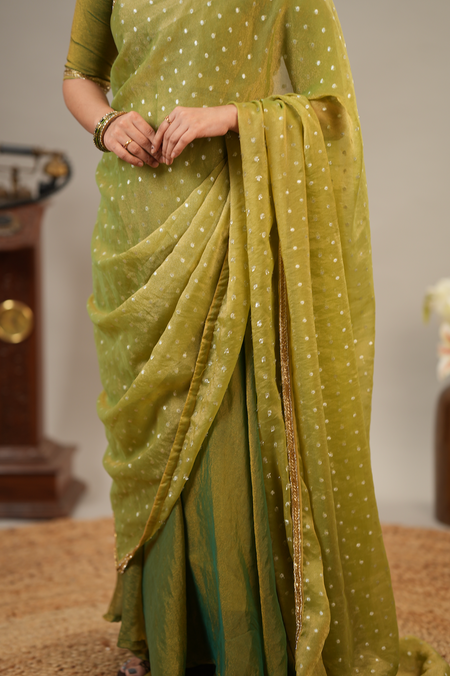 Heavy embroidered dupatta border paired with mehendi green tissue silk festive ethnic wear for women
