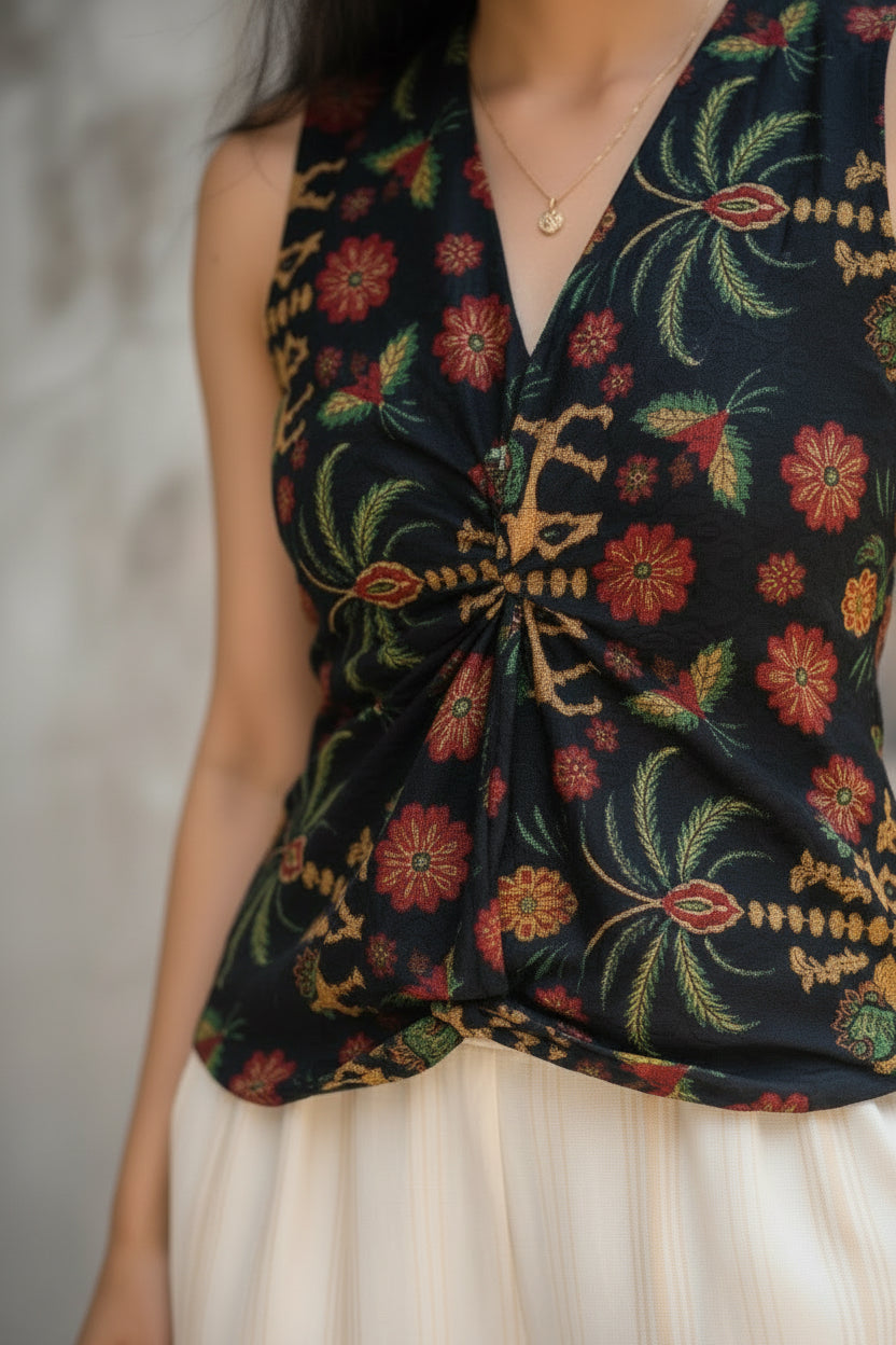 Close-up of the black floral crop top showcasing colorful floral prints, a stylish twist-front detail, and premium cotton fabric.