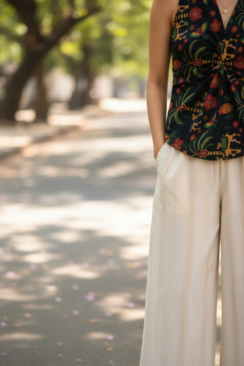 Detailed view of the floral cotton crop top highlighting the front twist design, floral motifs, and tailored silhouette.