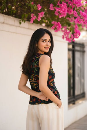 Women’s floral sleeveless crop top with a flattering V-neckline and vibrant botanical print, perfect for summer styling.