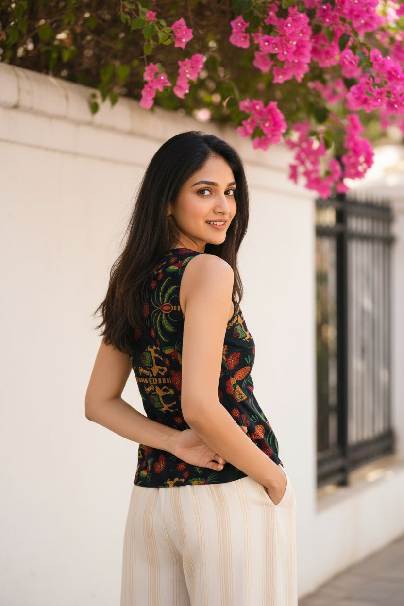 Women’s floral sleeveless crop top with a flattering V-neckline and vibrant botanical print, perfect for summer styling.