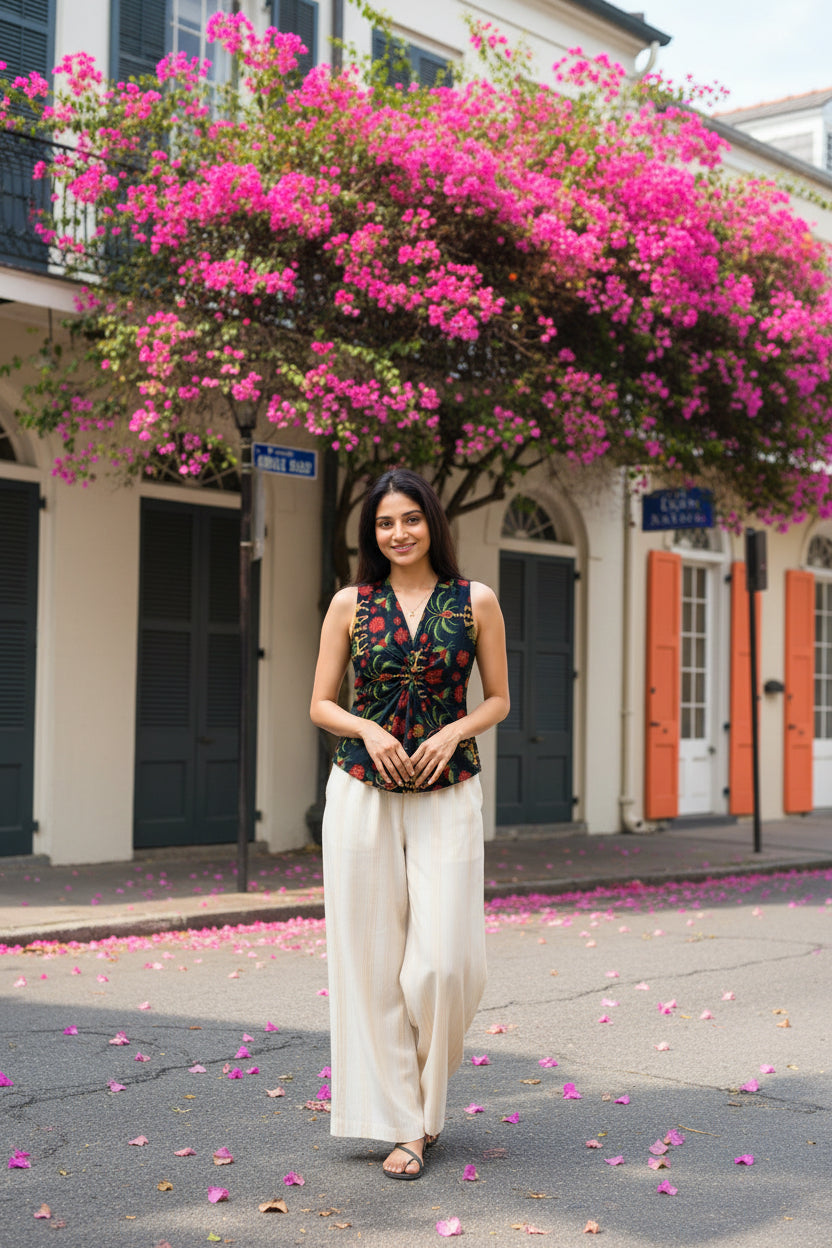 Twilight floral print crop top for women featuring a sleeveless V-neck design, paired with wide-leg trousers and styled for casual elegance.