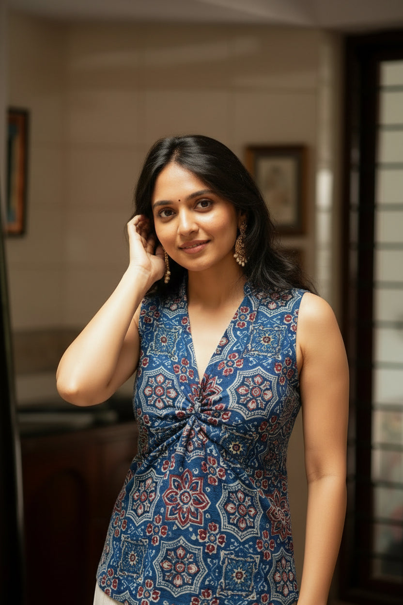 Women’s indigo blue floral print crop top with a flattering V-neckline and elegant sleeveless silhouette for casual styling.