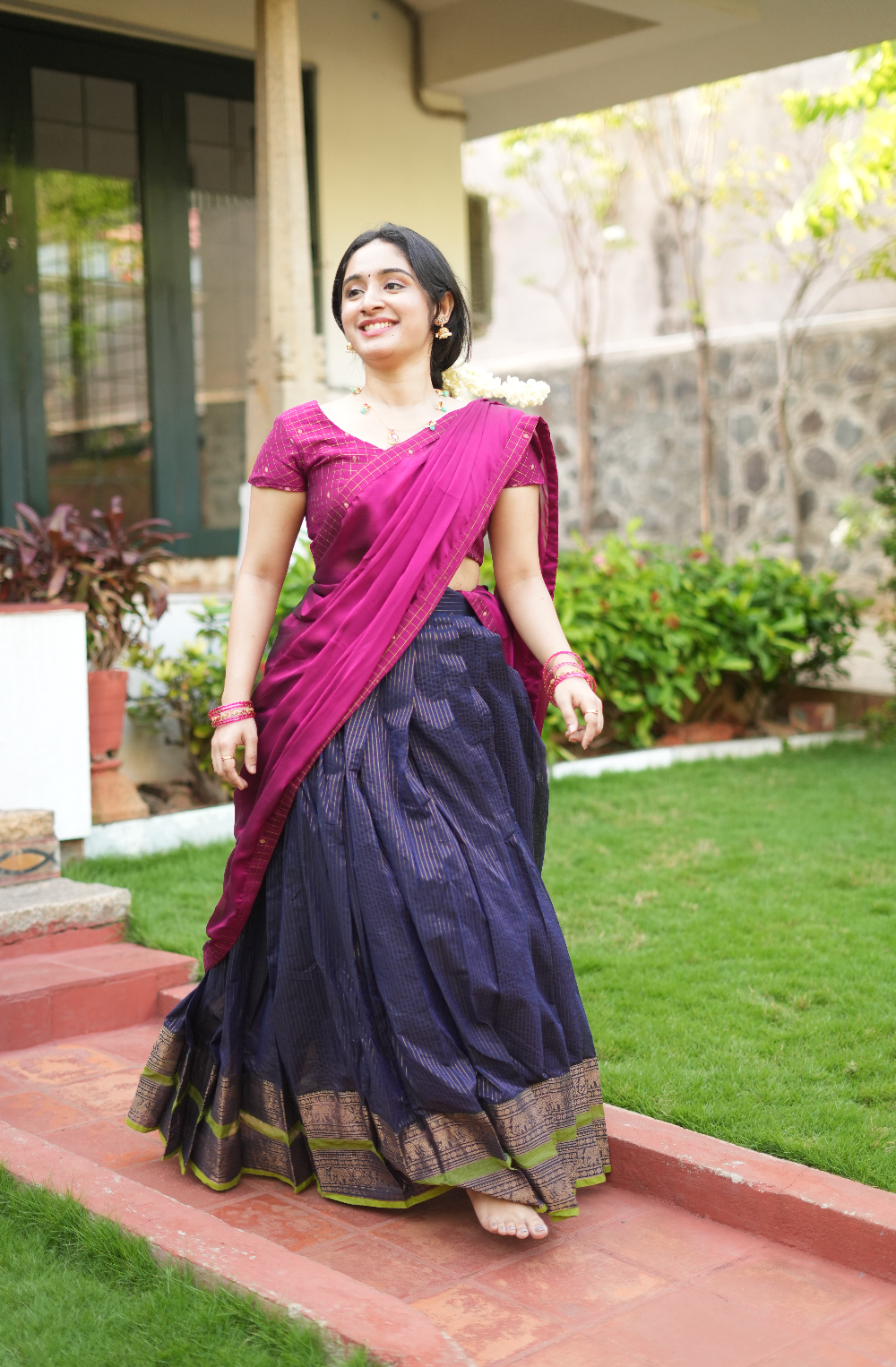 Front view of festive Chettinad dhavani set with premium georgette dupatta styling