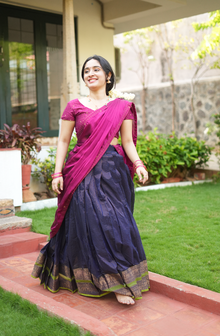 Front view of festive Chettinad dhavani set with premium georgette dupatta styling