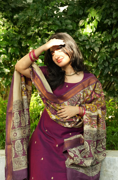 Full-length plum handloom suit set with Kalamkari dupatta and comfortable festive wear styling for women