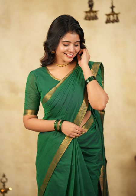 Women’s green Mangalagiri blouse with cotton lining and traditional saree styling for festive wear