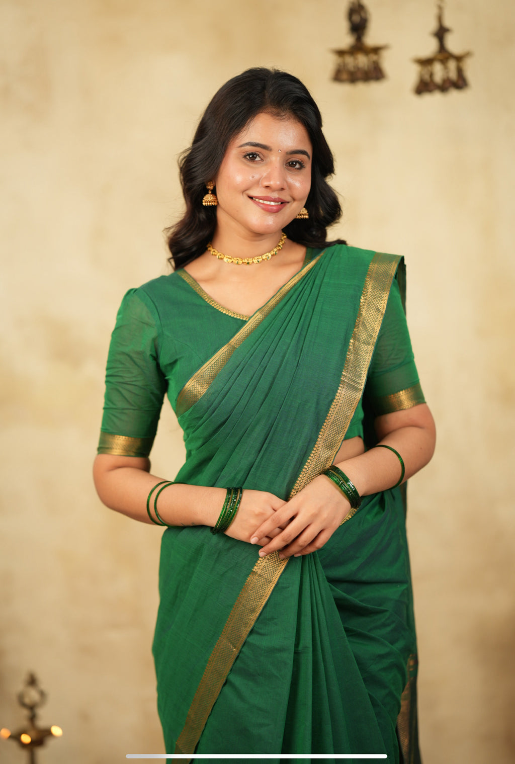 Green Mangalagiri cotton blouse for handloom sarees with elbow sleeves and wide V neckline styling
