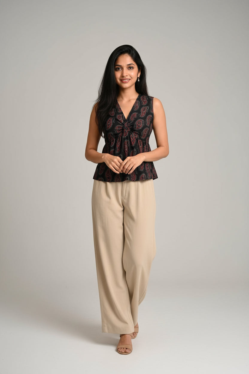 Black paisley sleeveless crop top paired with wide-leg trousers, creating a chic and versatile everyday outfit.