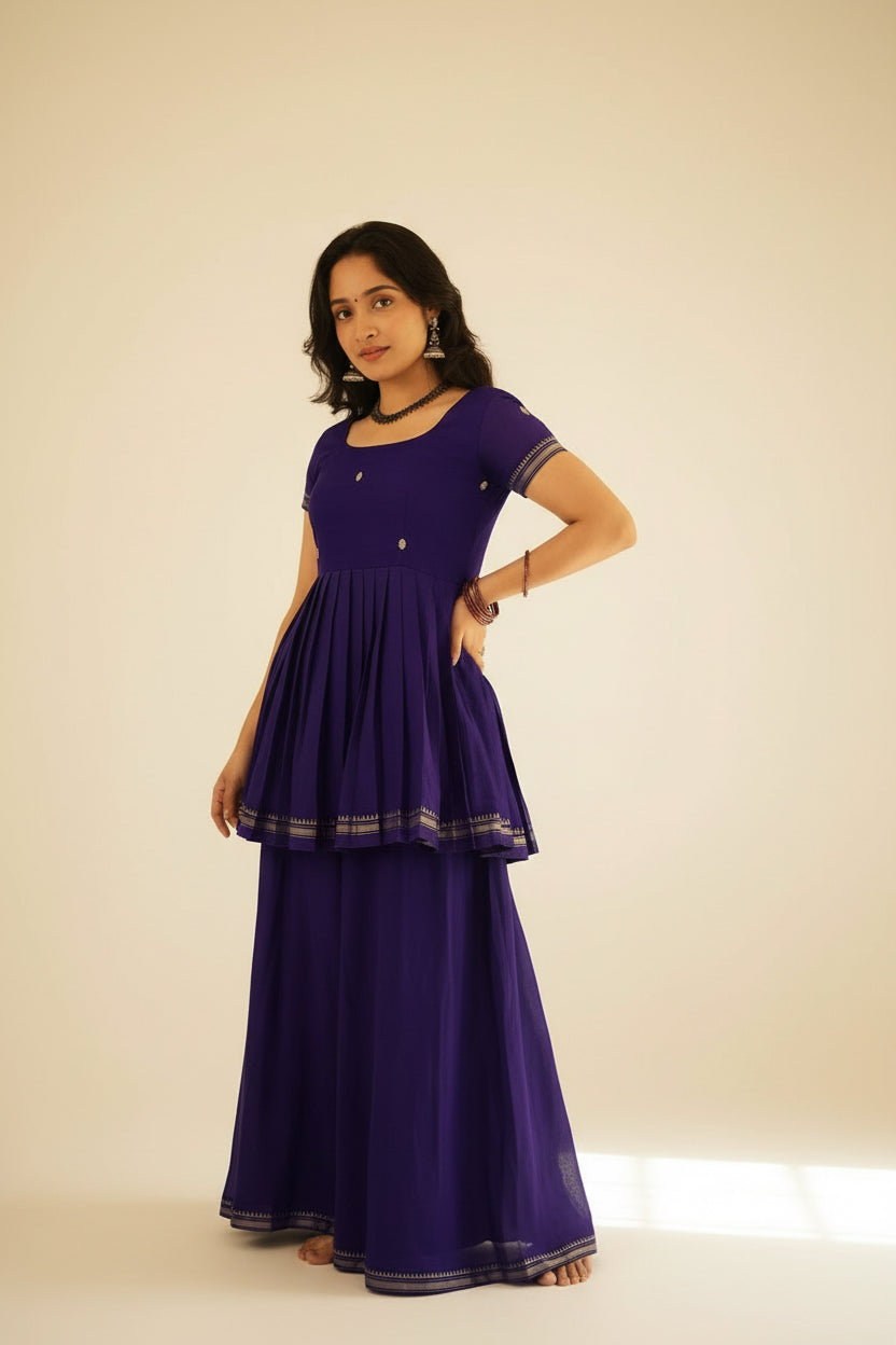 Women’s Narayanpet Sharara set showcasing a traditional crop top, flared sharara silhouette, and elegant handloom craftsmanship.