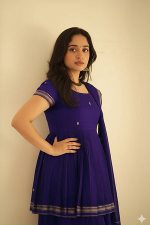 Malli Narayanpet handloom Sharara set for women in royal blue, featuring a traditional crop top, flowing sharara pants, and matching dupatta.