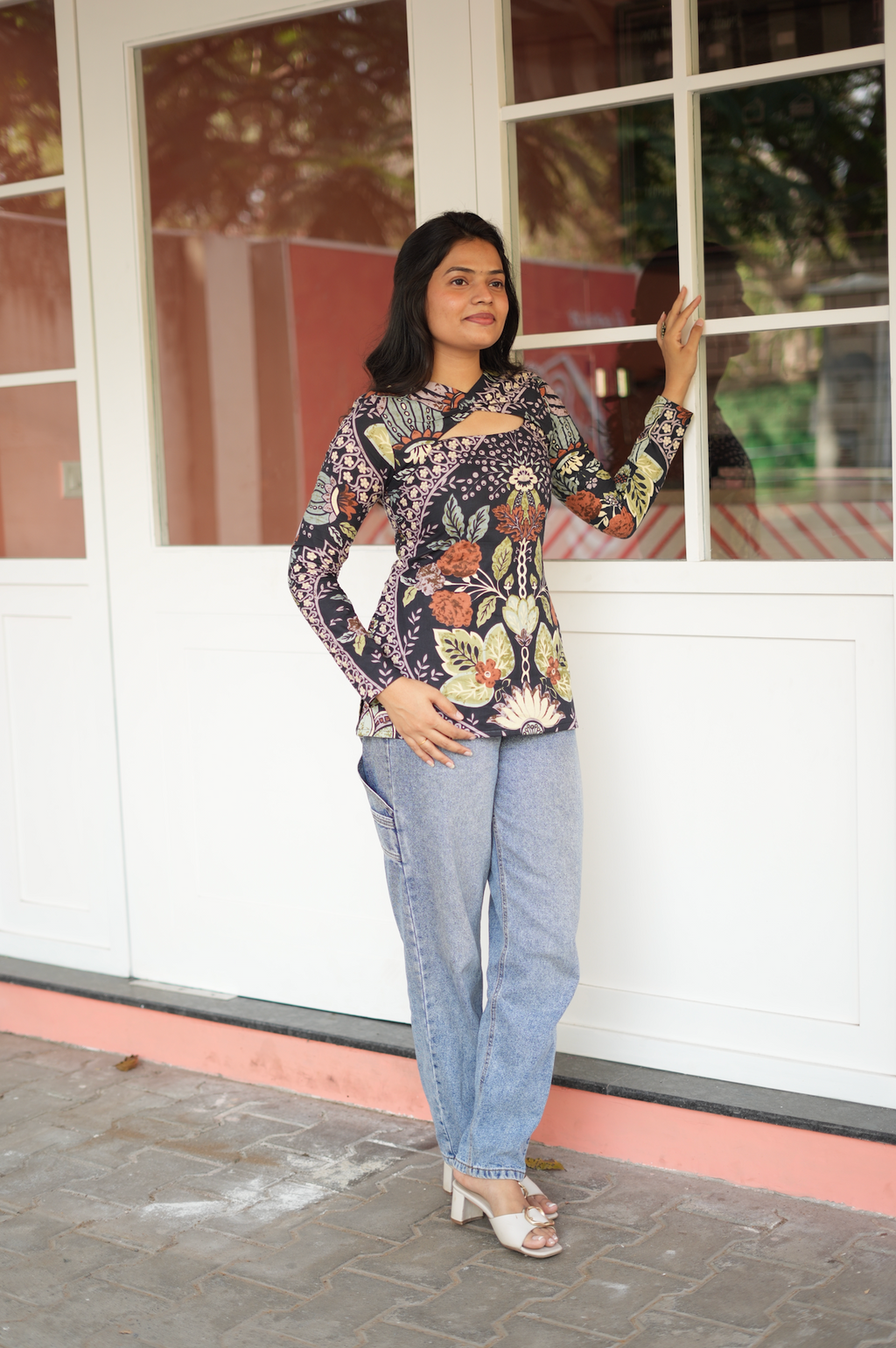 Straight-on full length view of Jaipur floral cotton Kurti – prewashed fabric, no shrink, 28 inch length