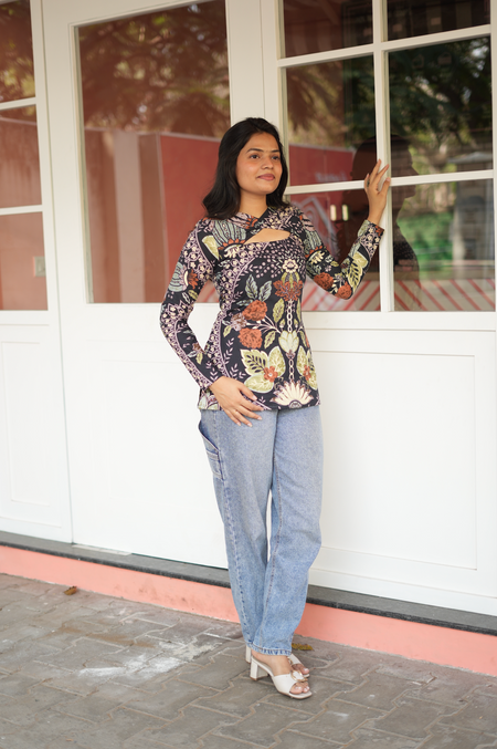 Straight-on full length view of Jaipur floral cotton Kurti – prewashed fabric, no shrink, 28 inch length