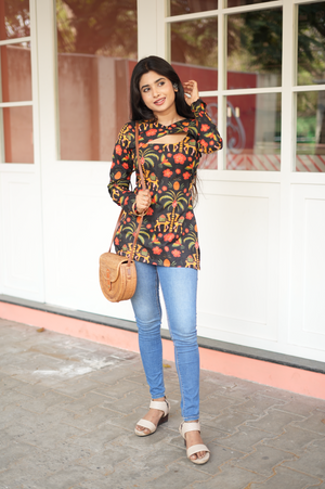 Straight front view of Jaipuri block print Kurti showing asymmetric high-low hem and full sleeve with border