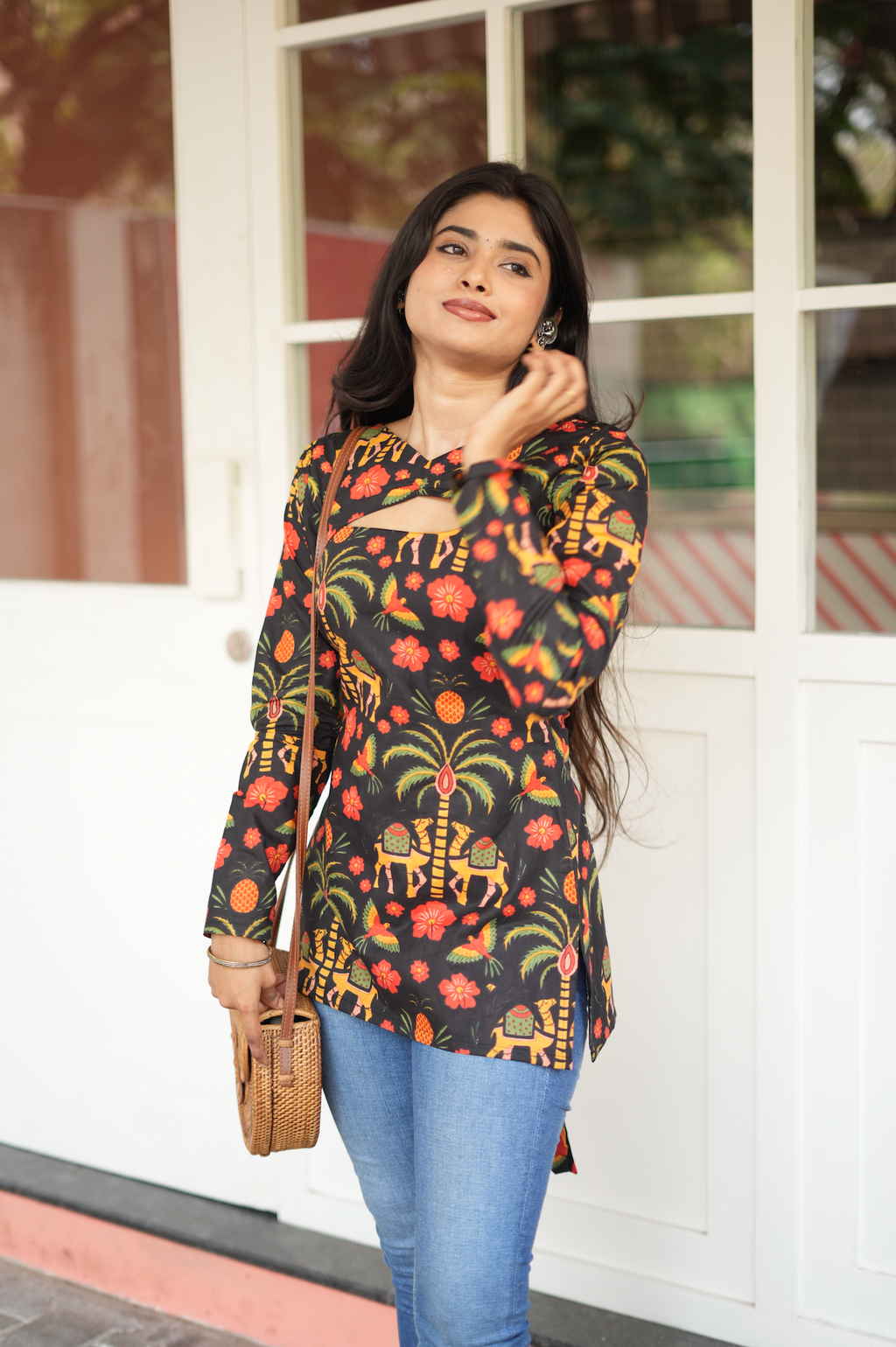 Jaipuri block print cotton Kurti in dark elephant folk print – full sleeve, asymmetric hem, zigzag knots, Indian ethnic wear