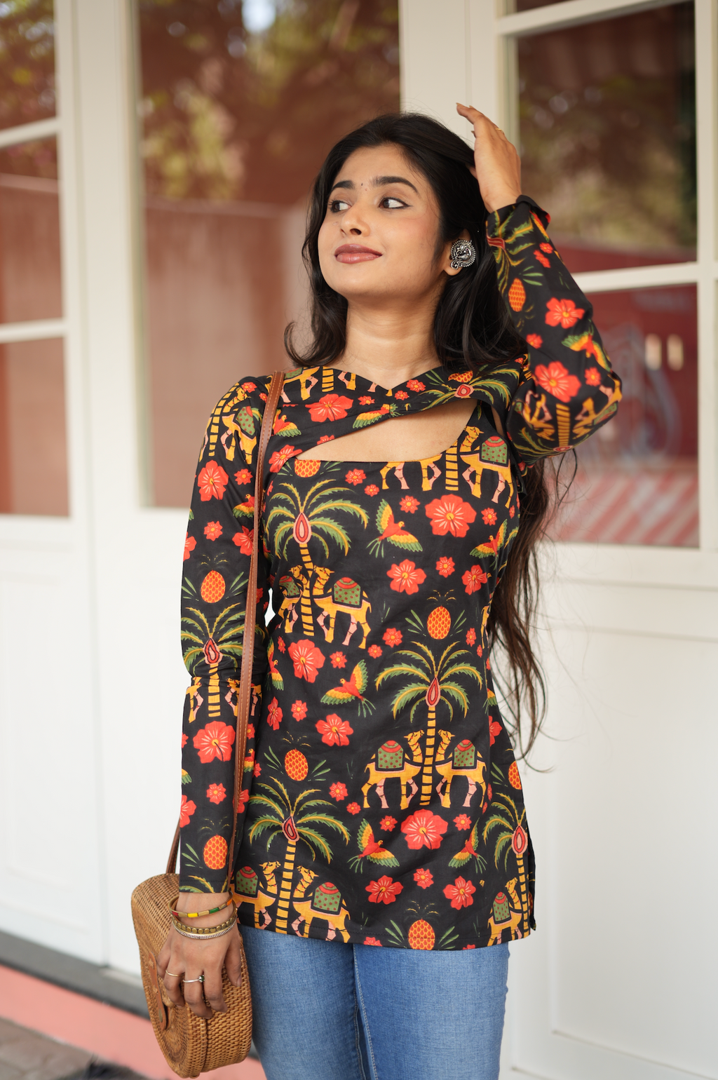 Torso close-up of dark Jaipuri block print Kurti – elephant and marigold folk motifs on prewashed cotton fabric