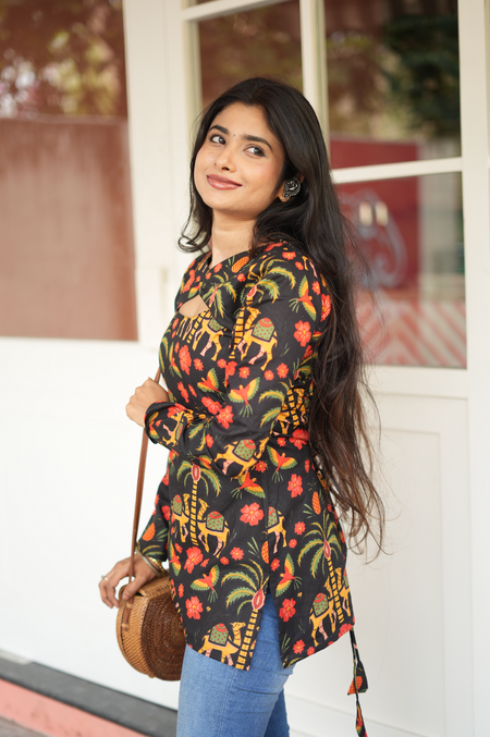 Full length Jaipuri cotton short Kurti with vibrant elephant and palm tree block print – women's Indian ethnic top