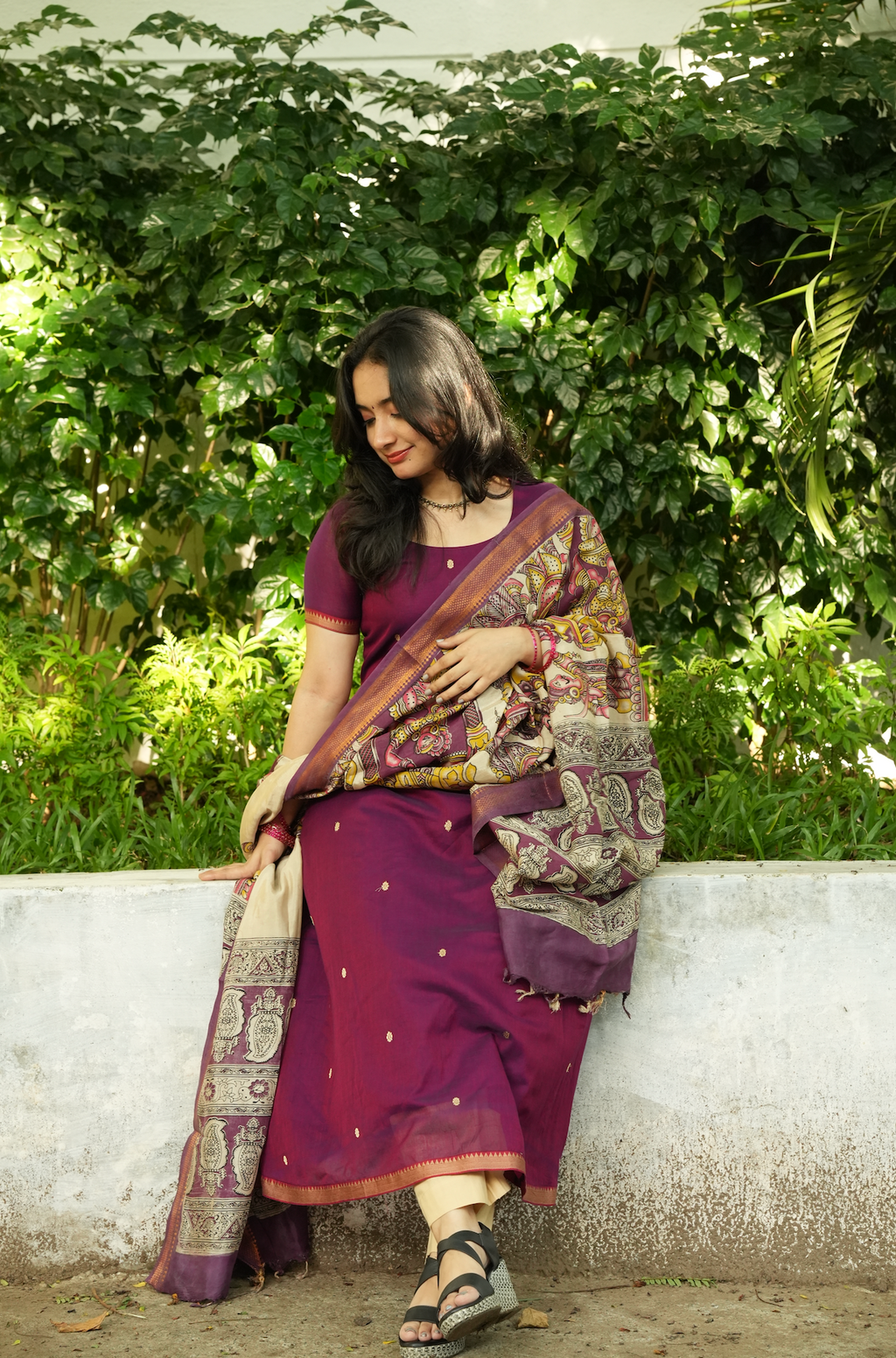 Printed pen Kalamkari dupatta paired with Narayanpet handloom ethnic suit for festive occasions