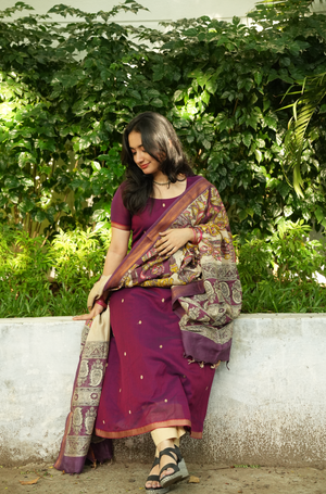 Printed pen Kalamkari dupatta paired with Narayanpet handloom ethnic suit for festive occasions