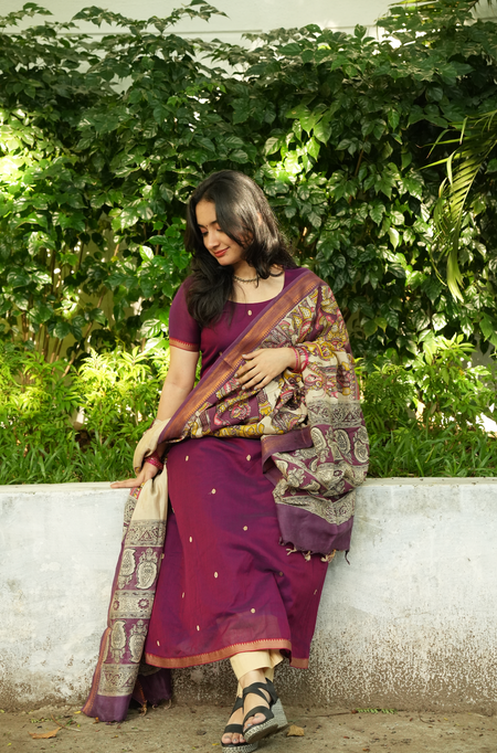 Printed pen Kalamkari dupatta paired with Narayanpet handloom ethnic suit for festive occasions